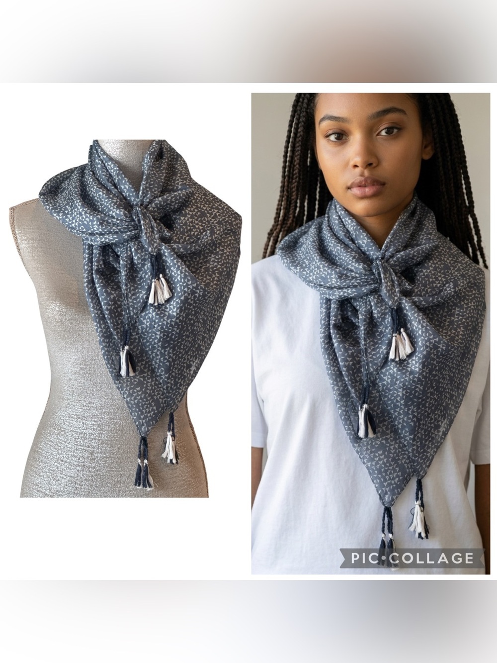 Pom Pom at Home Navy White Silk Geo Print Tassel Square Scarf Wrap 40” OS